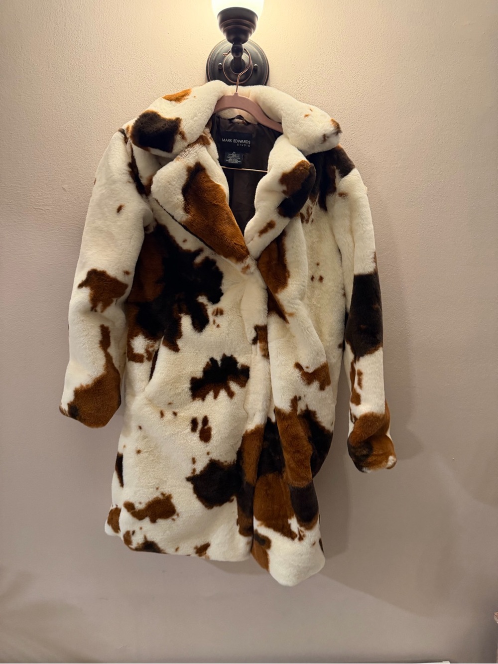Mark Edwards Studio Faux Fur Cow Print Coat Brown White XS NEW